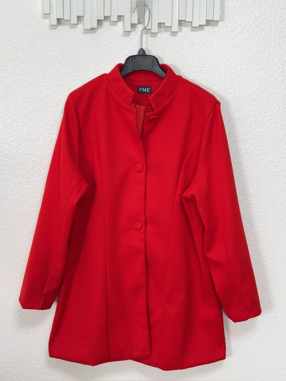 FME Red Longline Coat Stand Collar Button Front Tailored Jacket Minimalist Chic